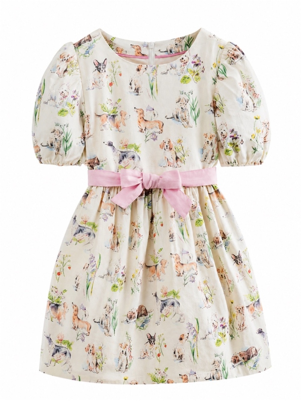 Mini Boden Girls' Cream Dog Print Dress with Pink Bow